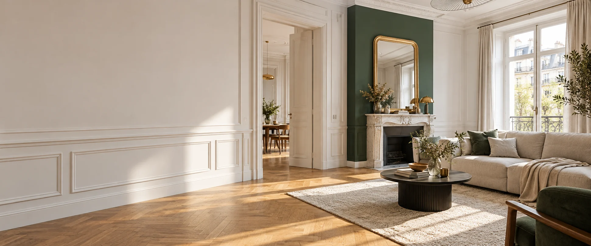 Intérieur rénové lumineux aux murs blancs avec un accent vert profond