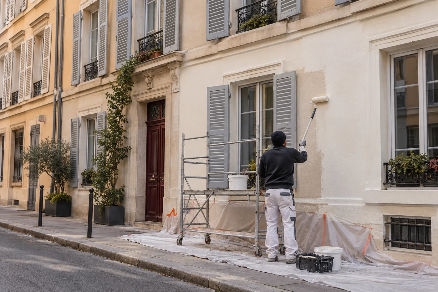 Application d’une peinture claire sur une façade urbaine