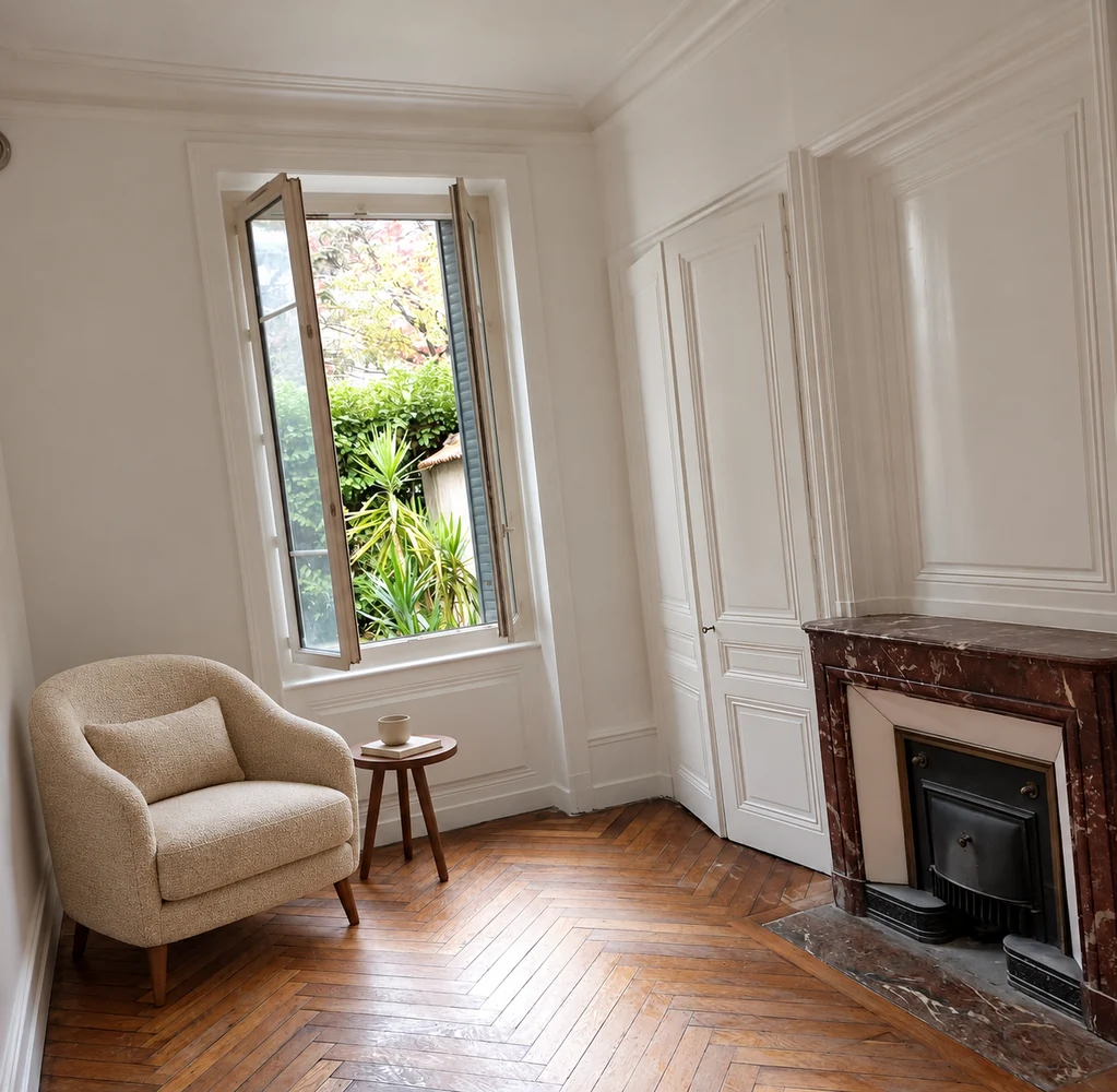 Pièce lumineuse aux murs blancs avec moulures et parquet