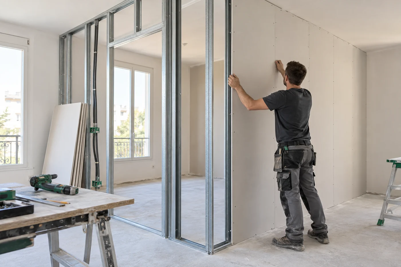 Pose de plaques de plâtre et création d’une cloison intérieure