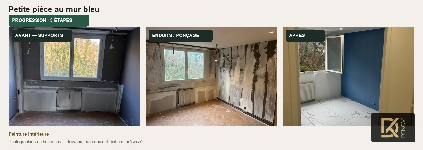 Progression réelle du chantier Pièce au mur bleu